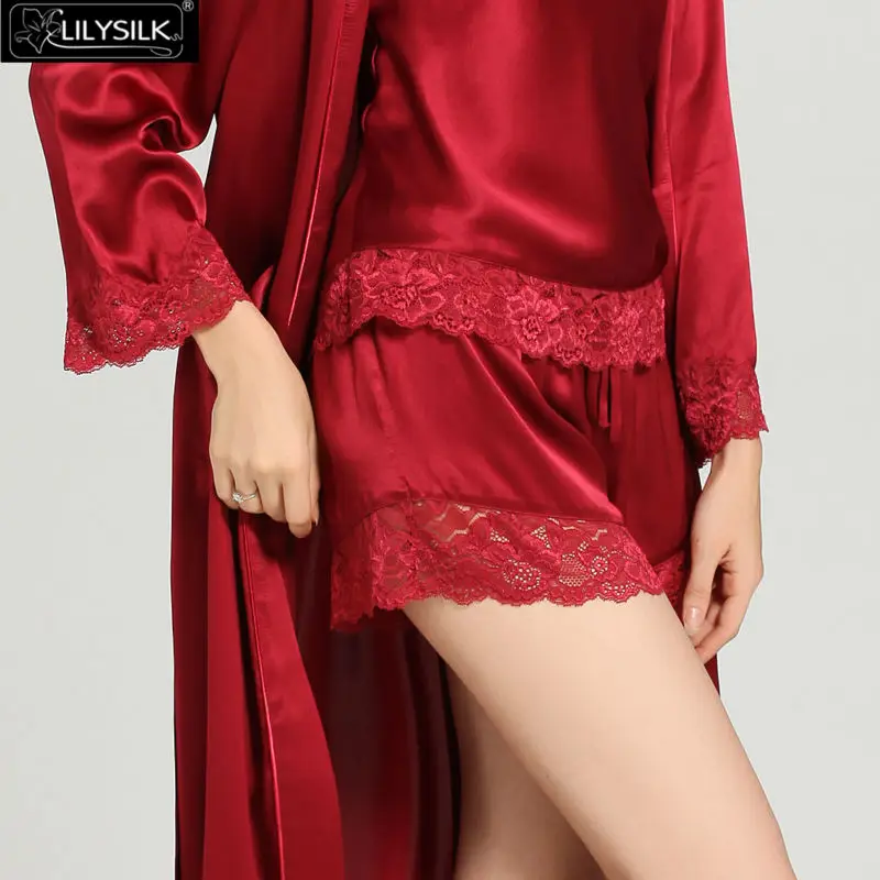 Lilysilk Long Sleepwear 3 Piece Pajama Set Women Mulberry Silk Pure Camisole Wedding Robes 22 MM Sexy Luxury Lingerie Lace