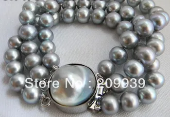 

free shipping 00171 A 3Strands 8'' 10mm Gray Round Freshwater Pearl Mabe Clasp Bracelet