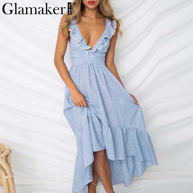 Glamaker Ruffle lace up blue sexy dress Women backless high waist turn down maxi dress Beach winter dress 2018 vestidos sundress