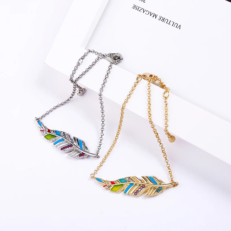 

KISS ME Colorful Enamel Exquisite Crystal Feather Bracelets For Women Party Gifts Two-tone Alloy Chain 2019 Fashion Accessories