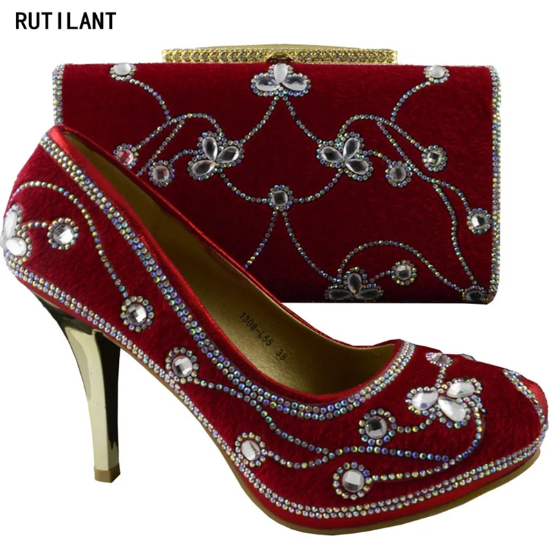 

Latest Red Color African Shoes and Matching Bags Italian Shoes and Bags To Match Shoes with Bag Set Decorated with Rhinestone