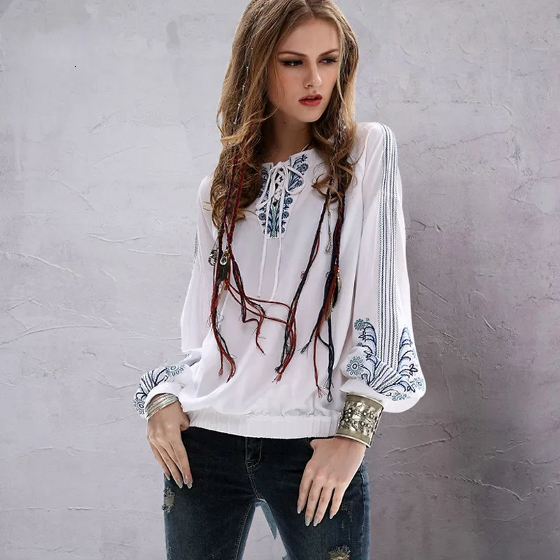 

[EWQ] Summer Shirt 2019 Fashion V-collar Long Sleeve Embroidery Print Lace Up Vintage Loose Size Shirt Women AG01000