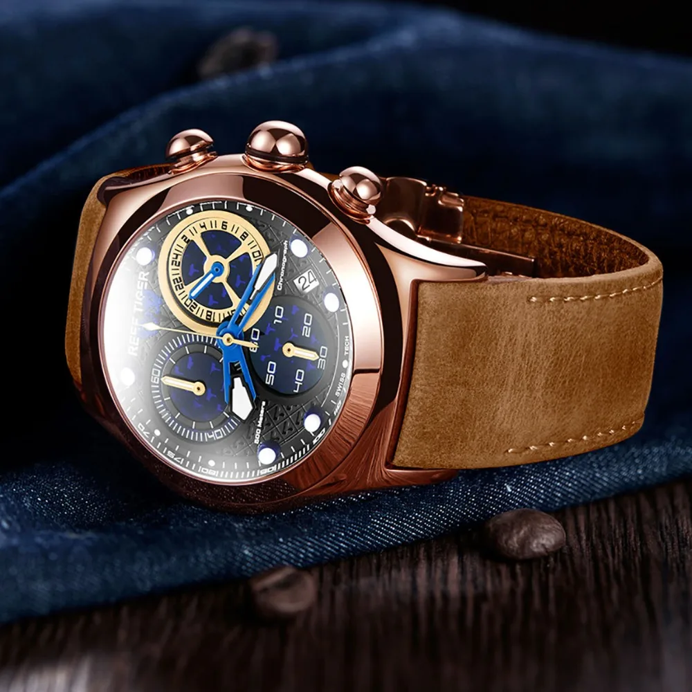 Риф Тигр/RT мужские спортивные часы хронограф Дата светящийся Скелет кварцевые часы из розового золота RGA782