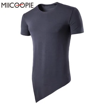 Summer T-shirt Men Short Sleeve Oblique Hem Irregular Design Cotton T Shirt O-neck Slim Men