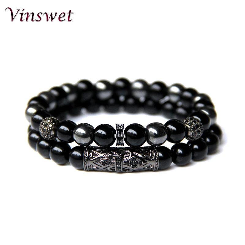 

Vinswet 2pcs Bead Bracelet Men Natural Tiger Eye Hematite Obsidian Beaded Bracelets Homme Energy Stretch Bracelet Men Jewelry