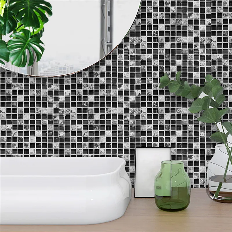 

10 Pcs/set Mosaic Self Adhesive Black Waterproof PVC Marble Wall Art Kitchen Furniture Tile Sticker Wall Decal 15*15cm/20*20cm