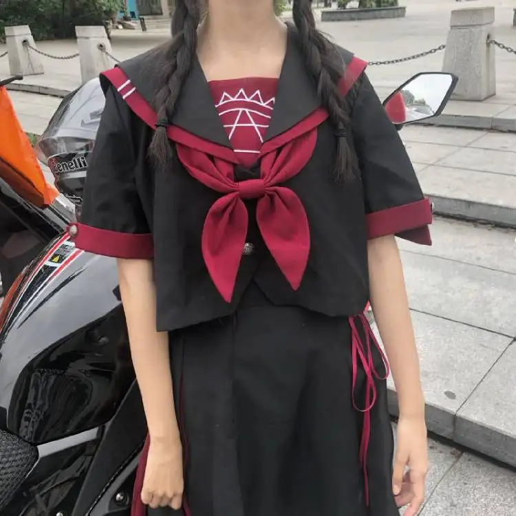 Японские Женские темные волшебные платья для девочек, школьная форма для японской средней школы, мягкая футболка с воротником в морском стиле, бандажная юбка, черные комплекты с вышивкой, топ для косплея
