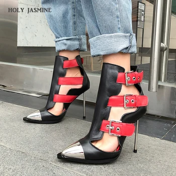 

2019 New Shoes Woman Summer Hollow Buckle Cool Boots Women Luxury Brand Metal Punk Sandals Female Cool Booties Ladies Plus Shoes