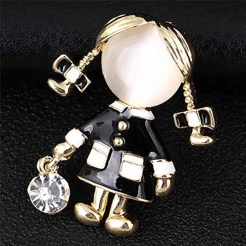 Cute Small Girl Brooches for Women Opal and Rhinestone Silver Color Brooch Pin Dress Coat Accessories Fashion Gift