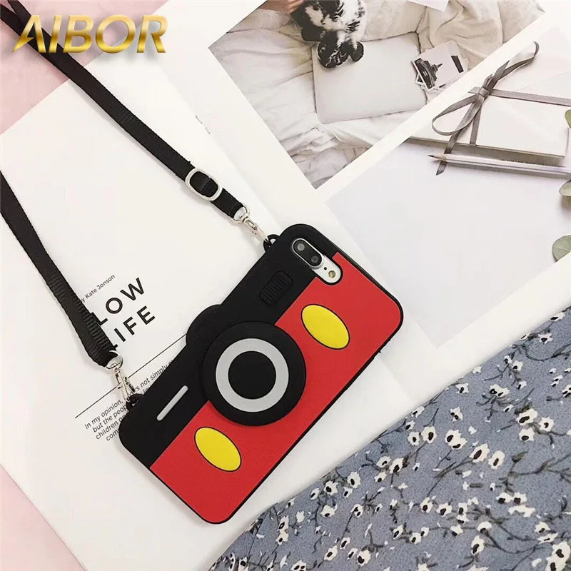 

3D Cartoon Cute Minnie Pink pig Mickey Camera Case for iPhone X XS MAX XR 6 6S Plus 7 8 Plus Soft Silicone Cover With lanyard