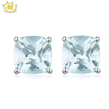 

HUTANG Stone Jewelry 1.049ct Natural Aquamarine Cushion 5mm Stud Earrings Solid 925 Sterling Silver Gemstone Fine Jewelry Women