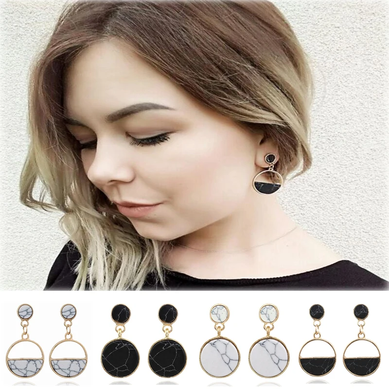 

Cuteeco Simple Double Circle Half Moon Marble Stone Earrings for Women Brincos Drop Earrings Statement Pendientes 2019 New