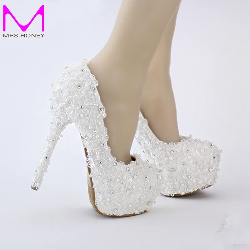 Free Shipping White Lace Bride Shoes Evenign Prom Bridal Dress Shoes