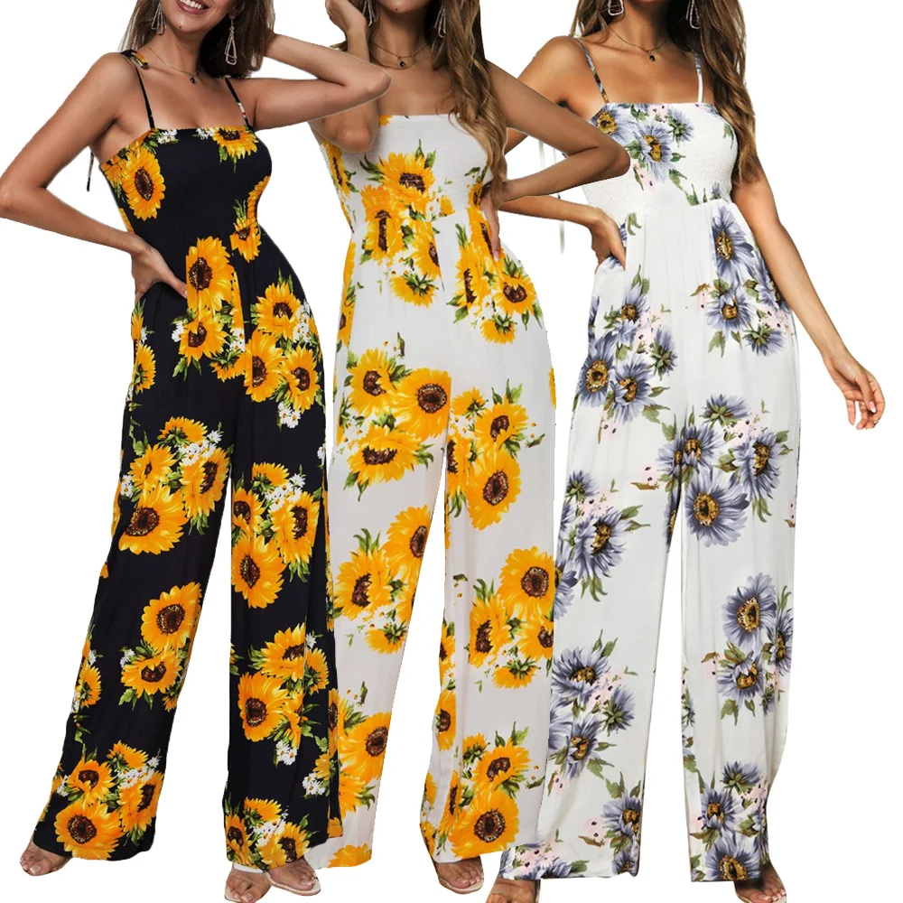 

Joineles Sunflower Floral Print Summer Women Jumpsuits Sexy Sleeveless Elastic Straps Rompers Daisy Pockets Wide Leg Jumsuits