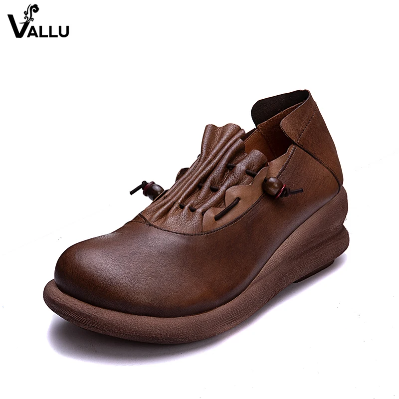 

VALLU Vintage Women Pumps New Design Genuine Leather Female High Heel Shoes Elastic Band Lady Wrinkle Wedge Shoes