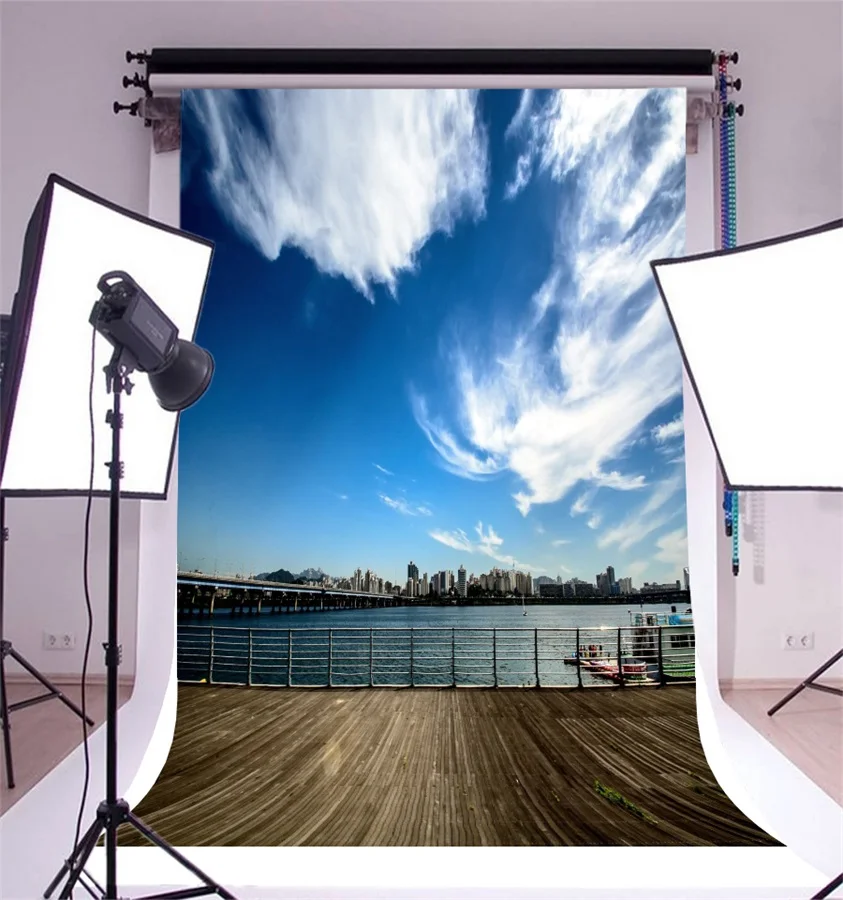 Laeacco Clouds Sky City Buildings River Bridge Scenic Photography Backgrounds Vinyl Custom Camera Backdrops For Photo Studio