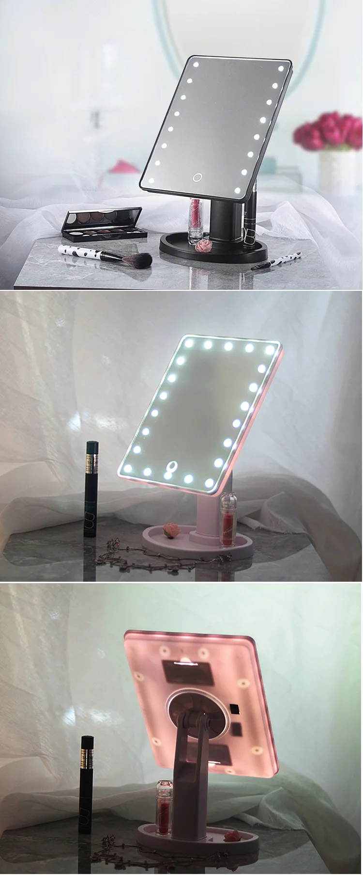 22 светодиодный сенсорный экран зеркала, вращение на 360 градусов, зеркало для макияжа, регулируемое 22 светодиодный s освещенное портативное светящееся косметическое зеркало