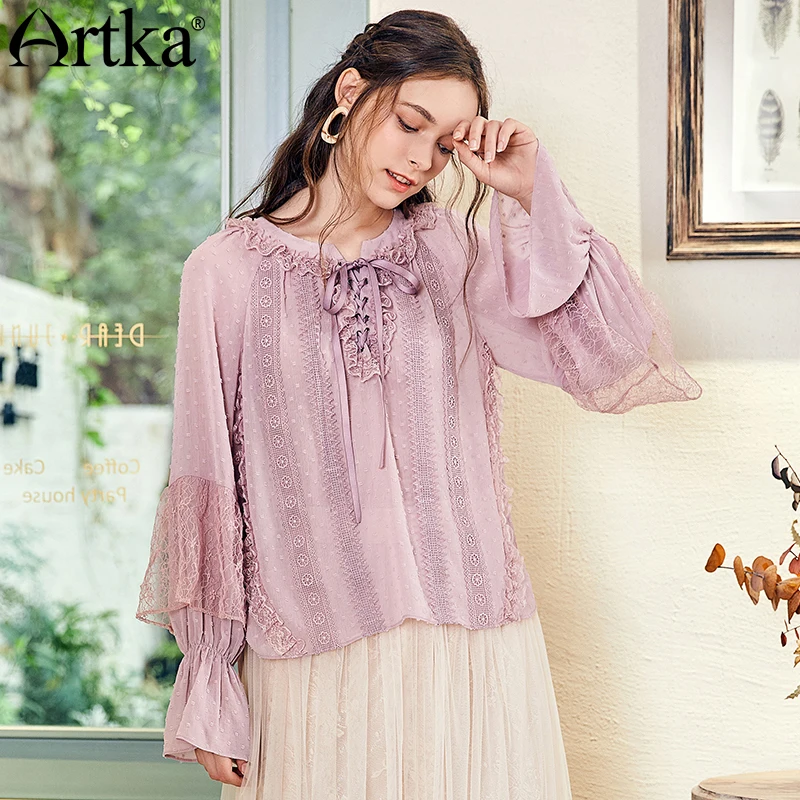 Cordon Femmes À Automne Mousseline Volants Arrondi Soie De Dentelle Élégant Manches Sa15081q Col Nouvelles Chemise Perspective Couture Lavande En Artka 2018 5qIAwtxSY