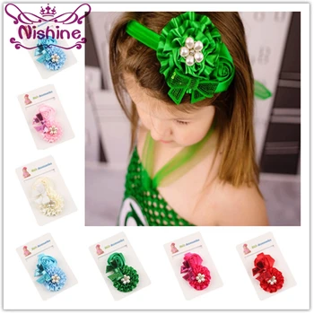 

Nishine 10pcs/lot Handmade Girls Flower Headband Rose Bow Pearl Rhinestone Elastic Hairbands Hair Accessories Children Headwear