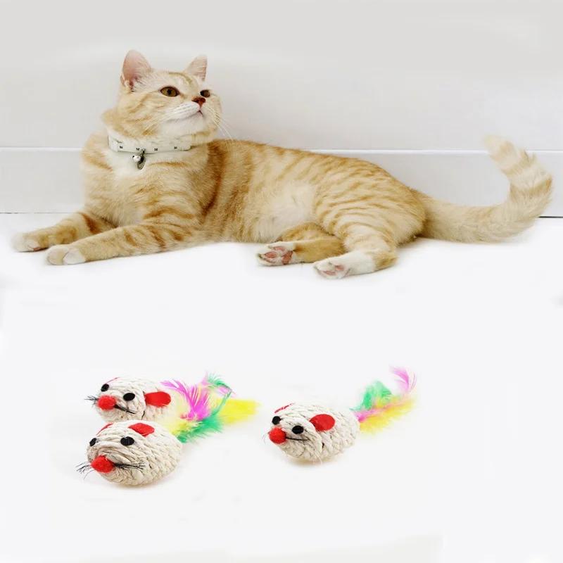 3pcs/set Cute Natural Sisal Mice Ball Cat Toy Kitten Feather Sisal Rope