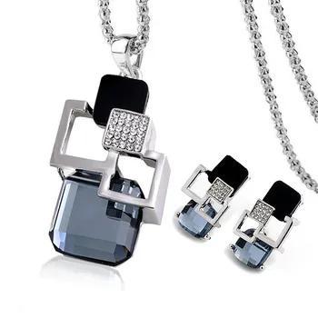 

Fashion personality Silver color Hollow Geometric Big Crystal long Necklace earrings Jewelry Sets for women party fine Jewelry