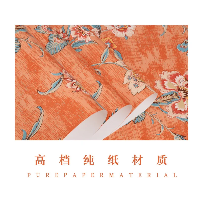 

American country vintage high-grade pure paper wallpaper orange red pastoral flower bedroom living room light luxury TV backdrop