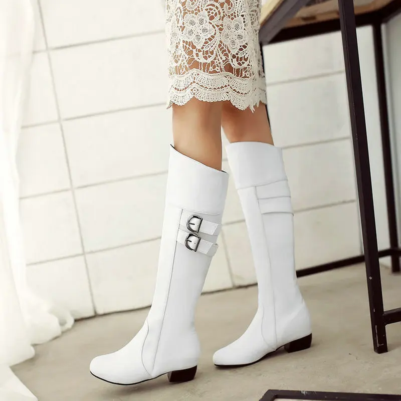 

Women Pu Knee High Boots Thick Low Heel Boots Slip On Buckle Round Toe Winter Fashion Ladies Shoes Drop Shipping