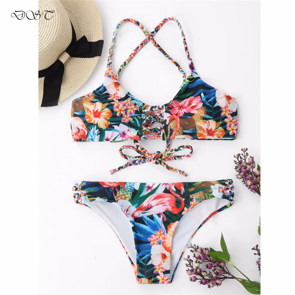 

2018 Bikini Set Summer Floral Print Cross Back String Swimwear Tether Flamingo Swimsuit Brazilian Beach wear Bathing Suit Bikini