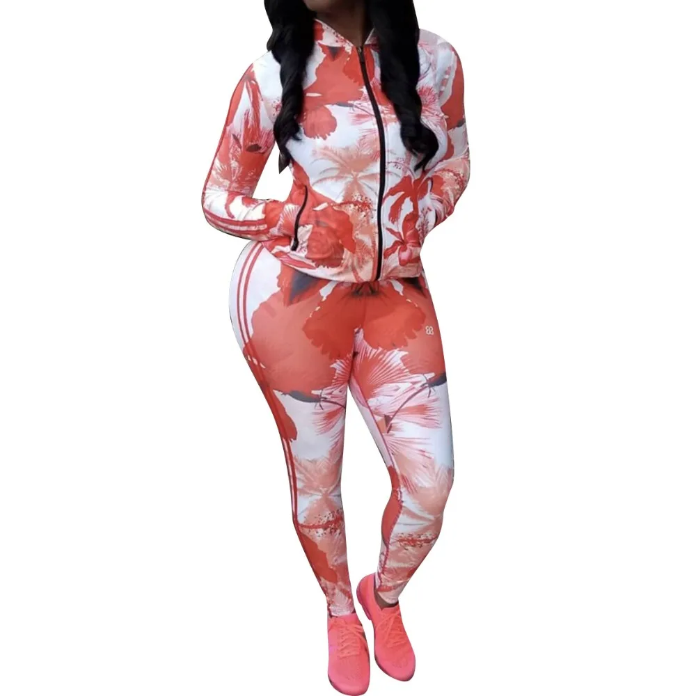 

2019 Spring Two Piece Sets Tracksuit for Women Long Sleeve Flower Print Zipper Jackets and Pants Sweat Fitness Outfit Suits