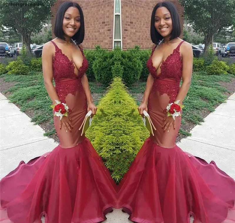Zuid Afrikaanse Zwarte Meisjes Lange Prom Dress 2019 Sexy Goedkope Bourgondië V-hals Feestdagen Afstuderen Wear Avond Party Gown Plus size Zuid Afrikaanse Zwarte Meisjes Lange Prom Dress 2019 Sexy Goedkope Bourgondië V-hals Feestdagen Afstuderen Wear Avond Party Gown Plus size