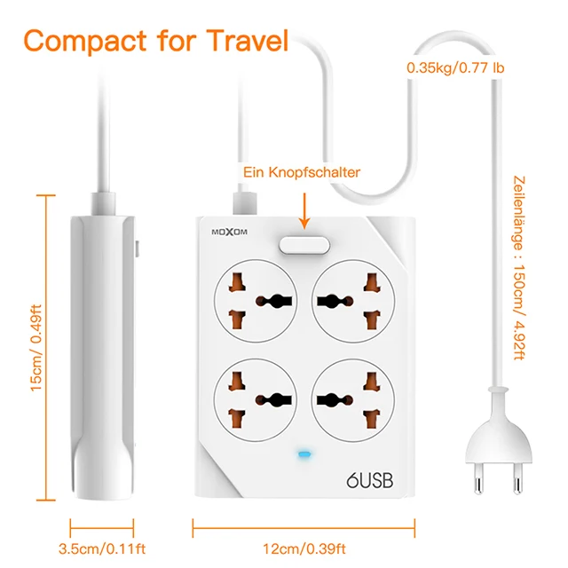 MOXOM силовая лента, USB розетка, полоса 10 А, быстрая зарядка, 6 USB удлинительных розеток, 4 розетки, адаптер, ЕС, Великобритания, ЕС, силовая полоса - Тип штекера: KH-63EUW