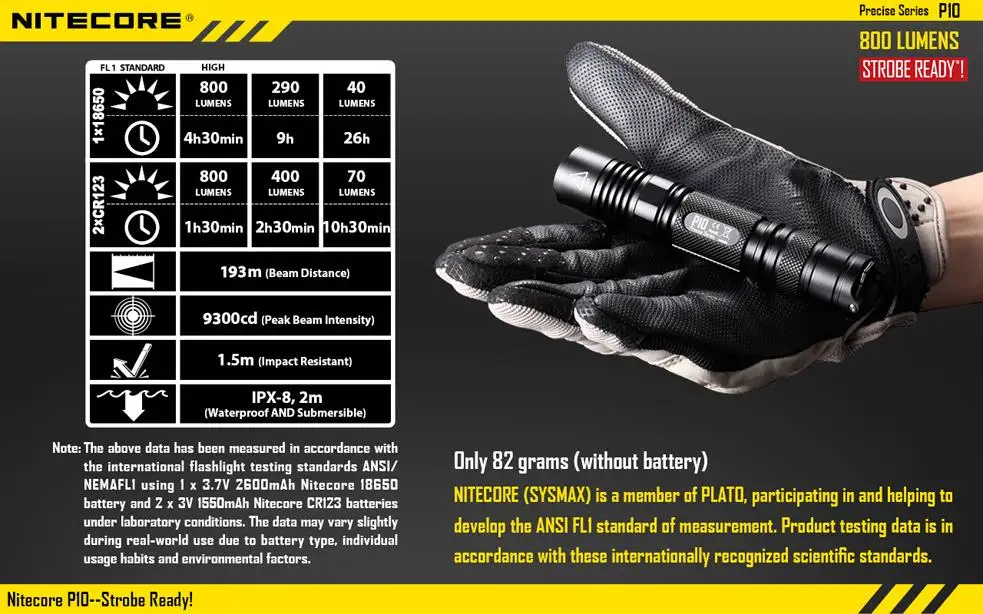 Nitecore P10 светодиодный фонарик CREE XM-L2 T6 LED 800 люмен 3 Режим 18650 фонарик для наружной кемпинга самообороны