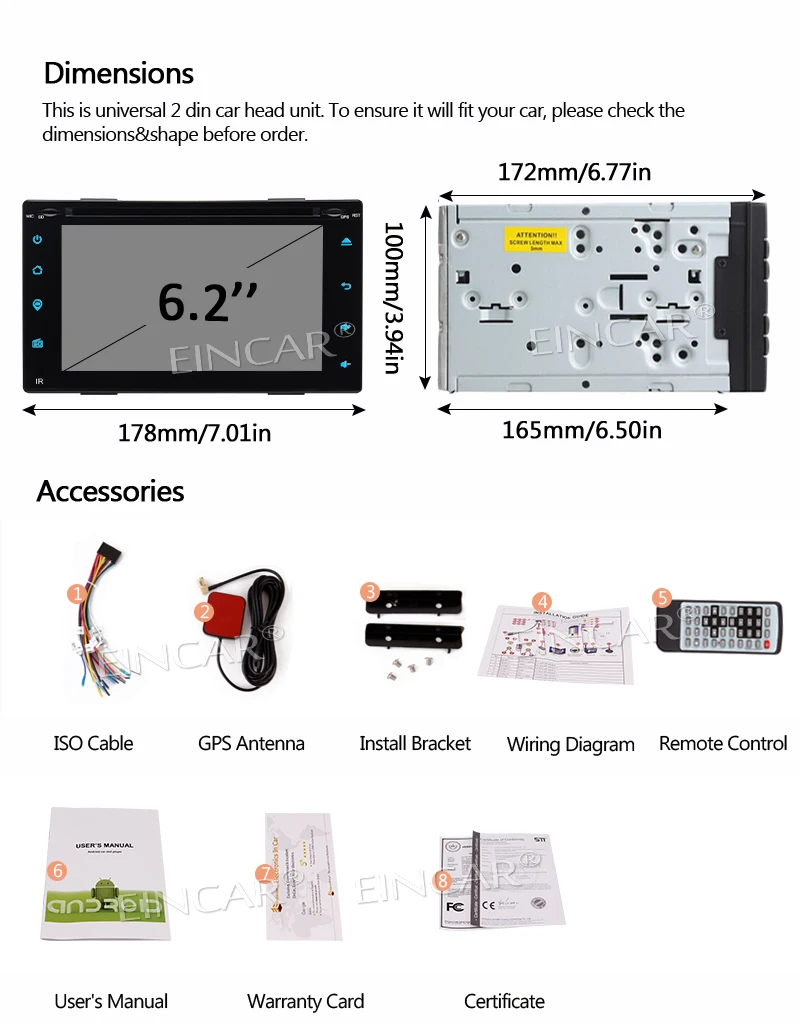 Best HD Android 6.0 4-Core Car Radio 2 Din In Dash CD DVD Player Multimedia Video Bluetooth Touch Screen GPS WiFi USB 6.2" Head Unit 7