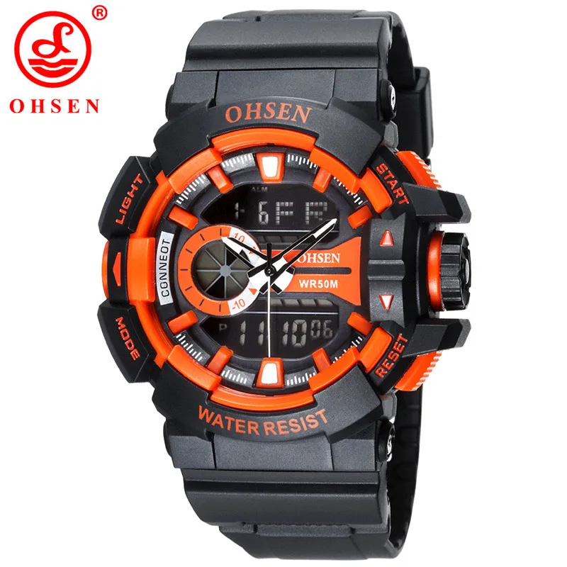 OHSEN Спортивные Брендовые мужские спортивные часы цифровые светодиодные спортивные наручные часы 50 м водонепроницаемые мужские часы для мужчин s кварцевые часы - Цвет: Orange with Vitality