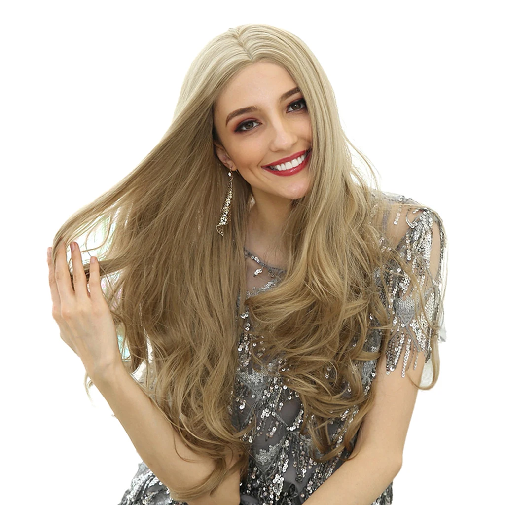 26 inch Synthetic Long Wavy Wigs Hair Bangs Cosplay Light Blond