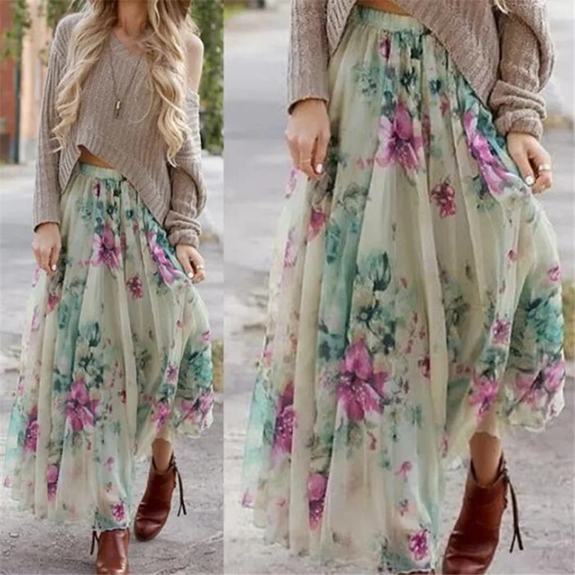 NDUCJSI Женская Макси юбка Boho Летняя мода клеш в складку Высокая талия большие шифоновые юбки элегантная длинная юбка женская пляжная юбка