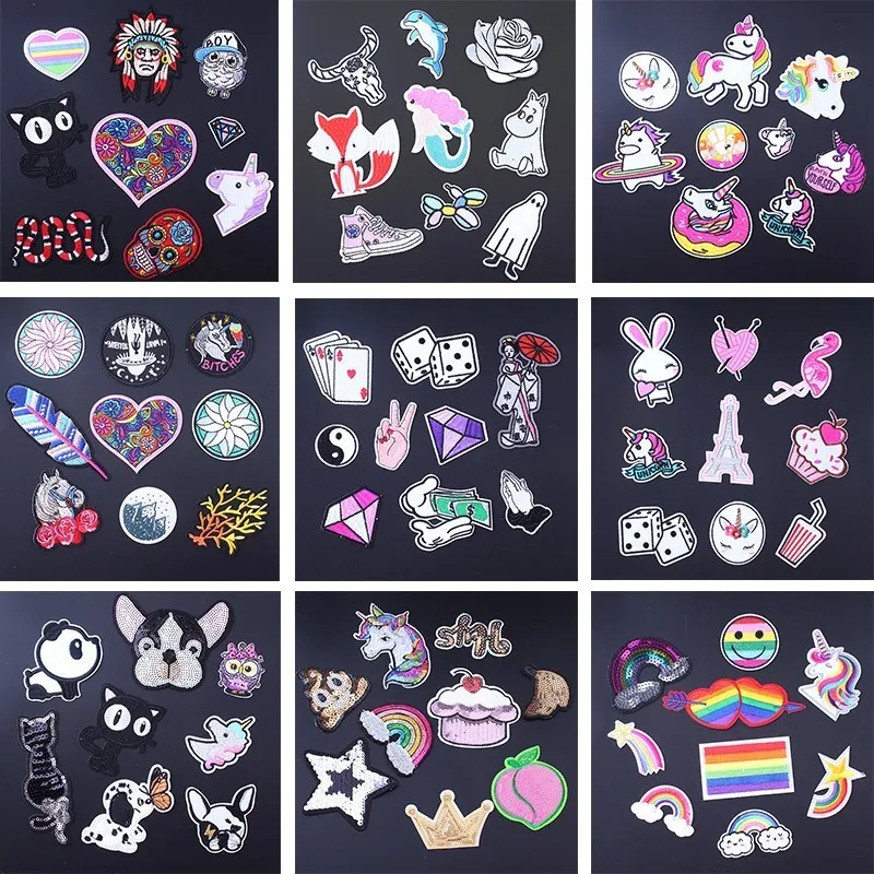 

Pulaqi 9pcs/lot Letter Rainbow Heart Unicorn Patch Iron On Cartoon Patches Set Cute Cheap Embroidered Patches For Kids Clothes D