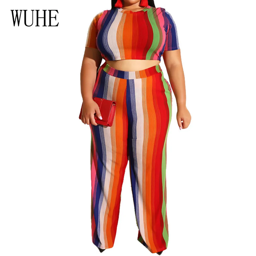 WUHE Two Pieces Sets Striped Playsuits Elegant O Neck Short Sleeve Top + Loose Pants Summer Women Casual Jumpsuits Plus Size 5XL WUHE Two Pieces Sets Striped Playsuits Elegant O Neck Short Sleeve Top + Loose Pants Summer Women Casual Jumpsuits Plus Size 5XL