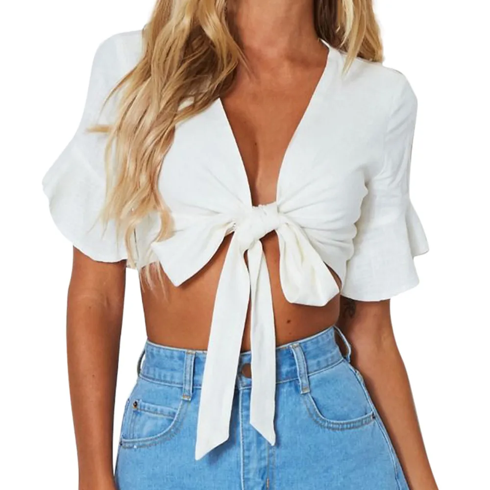 

Summer Tops Women T-shirts Sexy Bow Sexy Deep V-Neck Solid Color Flared Short Butterfly Sleeve Ruffles T-Shirt Women Top