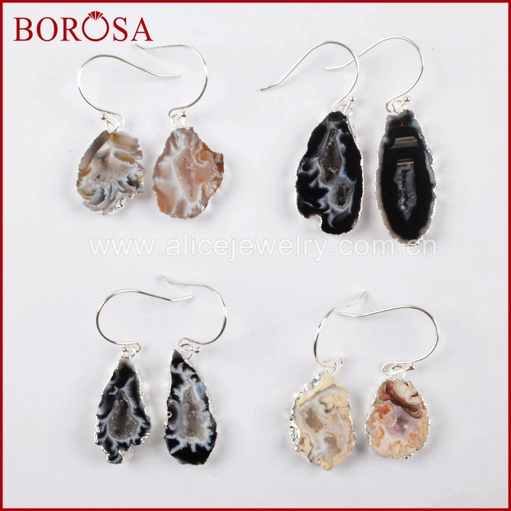 

BOROSA 5Pairs Silver Color Natural Agates Druzy Slice Dangle Earrings Jewelry Natural Drusy Quartz Drop Earrings for Women S0516