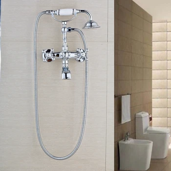 

Dual Handles Wall Mounted Ceramic Valve Bathroom Shower Faucet W/ Shower Hand