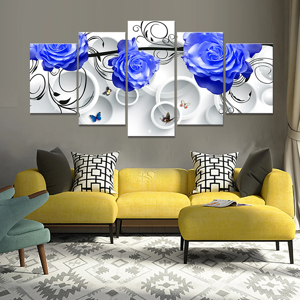 5 Panel Modern Canvas Mural Blue Rose Home Decor Ation Art Painting Modular Picture Poster HD