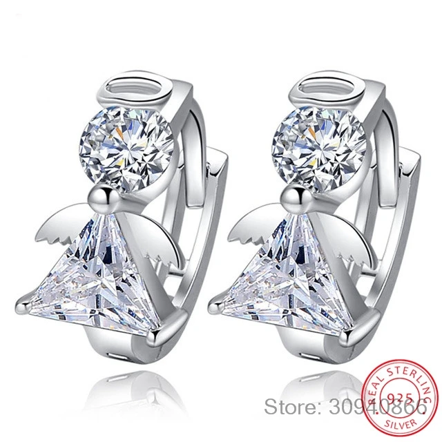 

New Arrivals Fashion Angel Design 925 Sterling silver Stud Earrings Luxury Double Crystal Earring For Women Silver Jewelry