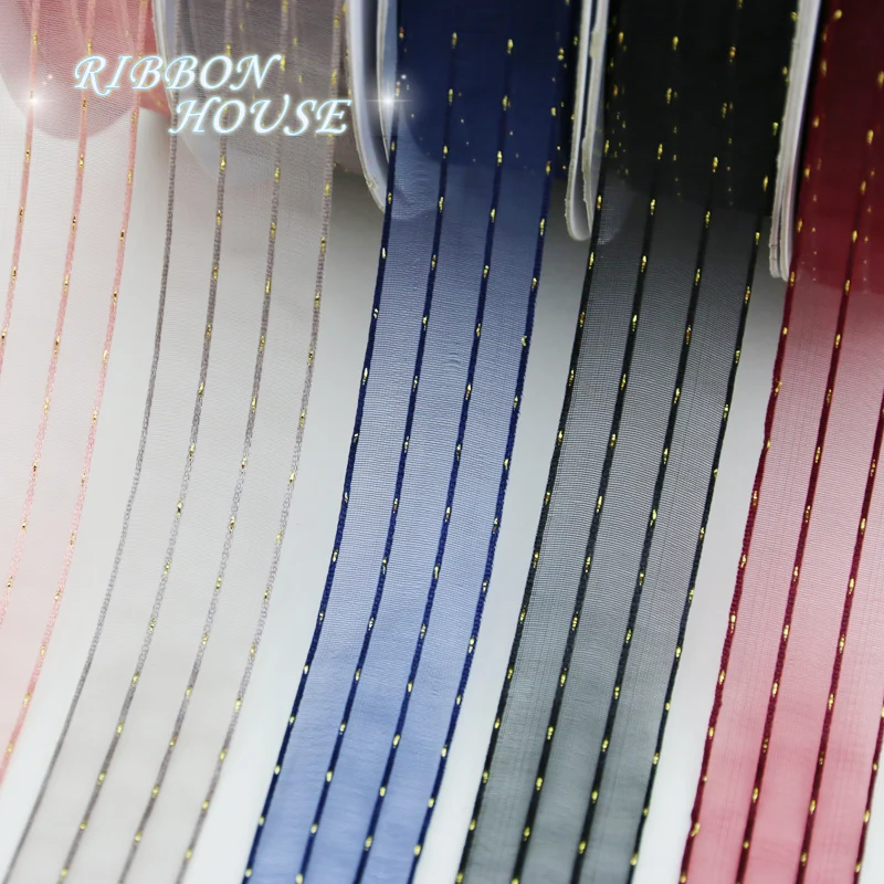 Buy (5 yards/lot) 25mm Stripe Gold Dots Organza ribbon