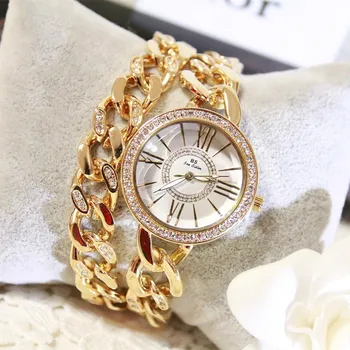 

New Hot Sale Watch High-end Linked List Custom Double-chain Strap with Rhinestones Roman Numerals Female Form