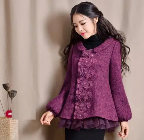 

2019 New Fashion Autumn Winter Women Lace Stitching Lantern Sleeve Wool Blends Coat Short Outwear Woolen Jackets