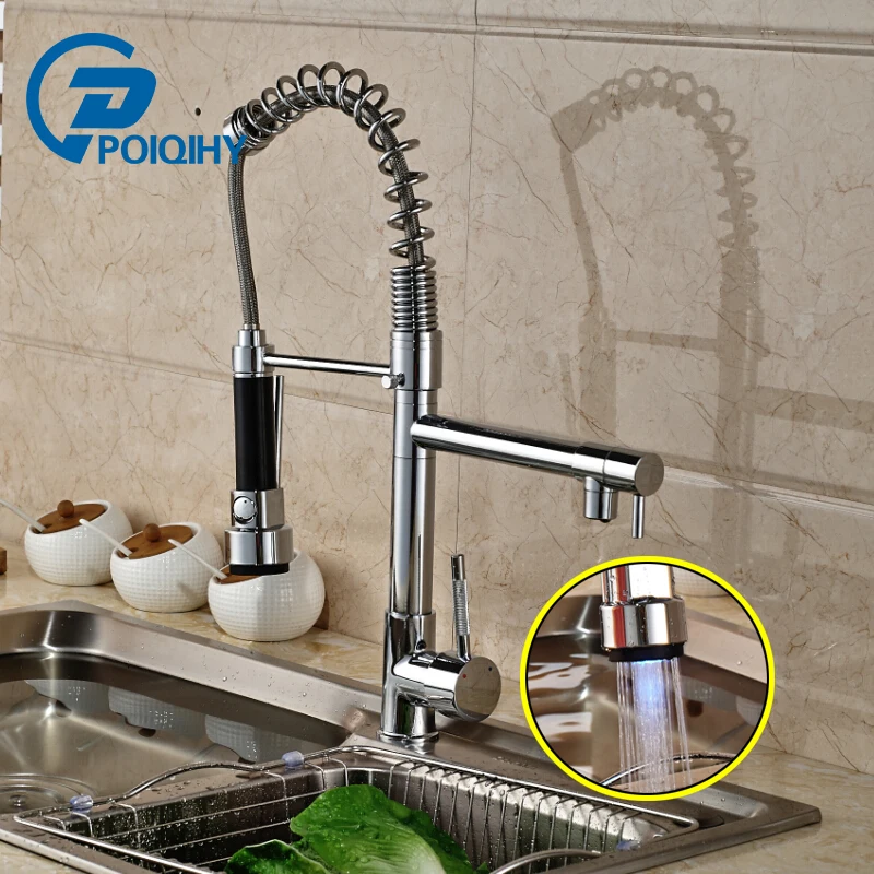

POIQIHY Chrome Kitchen Sink Faucet 360 Degree Rotate Mixer Tap RGB Light Sprayer Head Finish Spring Pull Down Kitchen SinK TAP
