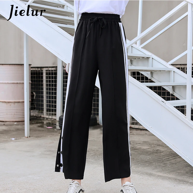 

Jielur Summer Pants Women High Waist Korean Slim Loose Casual Button Panelled Side Stripe Wide Leg Pants Black Pantalones Mujer