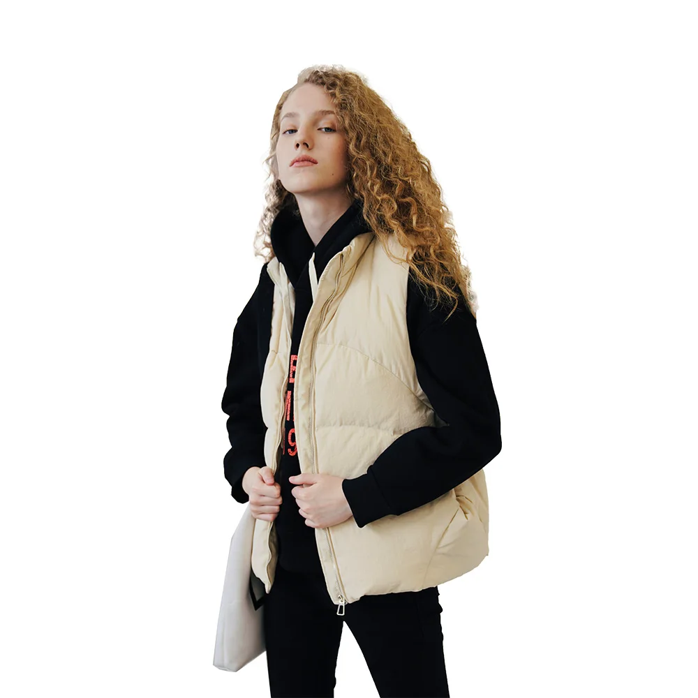 

No-cap stand-up collar simple A version vest with 80% eiderdown irregular pocket design down jacket for women 984009