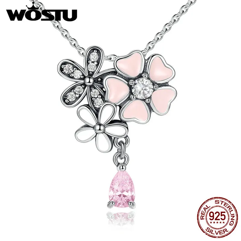 NEW 925 sterling silver Poetic Blooms Pink Enamel & Clear CZ Floating Necklaces 